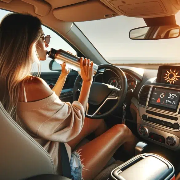 woman driving a car on a sunny summer day Τι να προσέχετε κατά τη διάρκεια οδήγησης σε συνθήκες καύσωνα